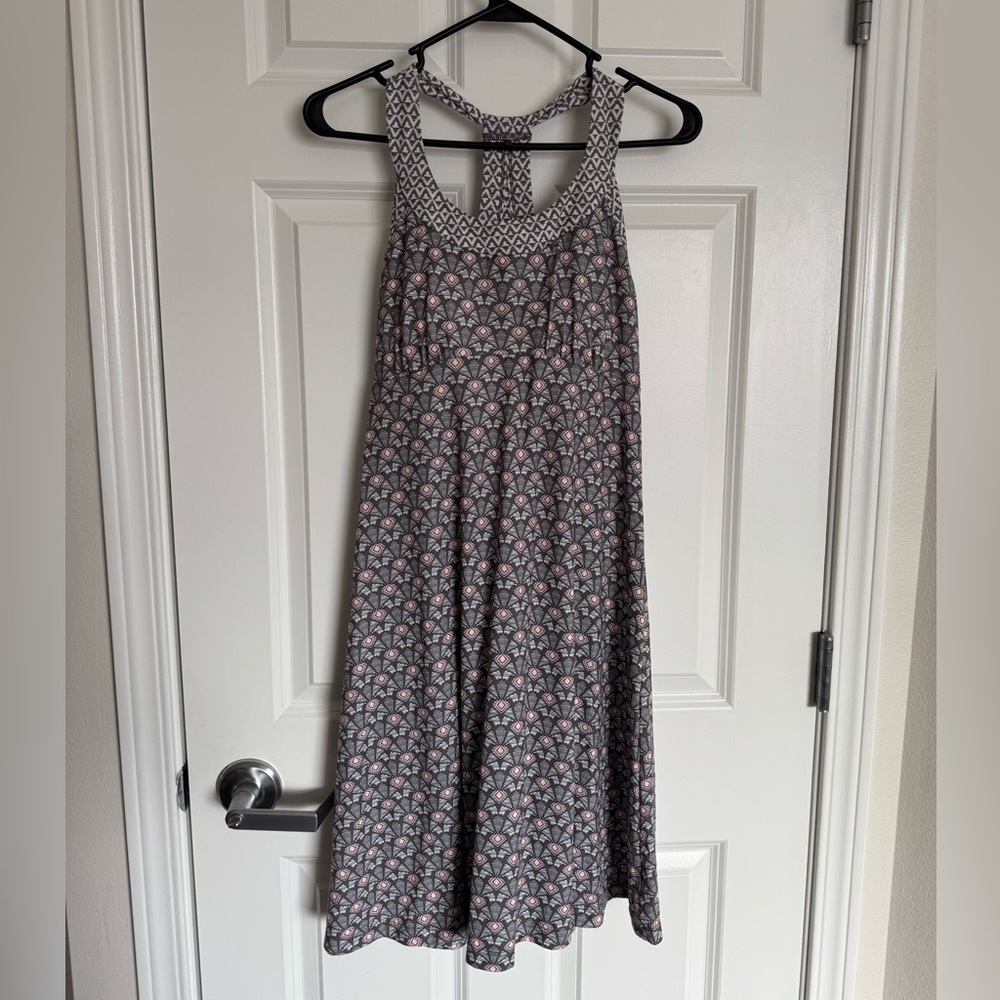 Prana Racerback Dress, grey/white/orange print, M